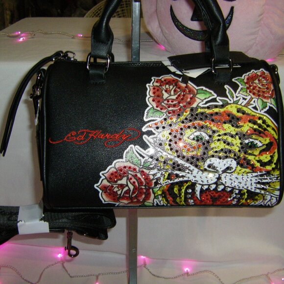 Ed Hardy Tiger Rhinestone Satchel Crossbody Bag Black NWT - Picture 3 of 16
